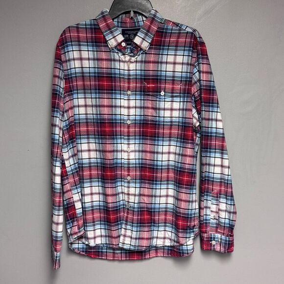 Men's Red Blue Plaid Shirt button down size Large L slim fit American Eagle - Picture 2 of 5